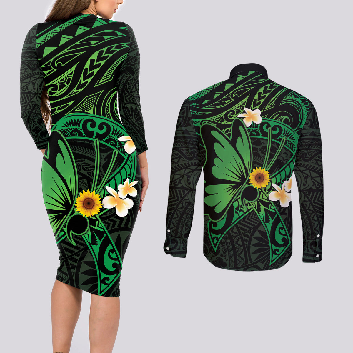 Polynesia Mental Health Awareness Couples Matching Long Sleeve Bodycon Dress and Long Sleeve Button Shirt Green Ribbon Be Kind To Your Mind