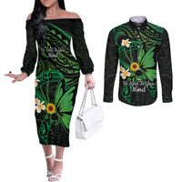 Polynesia Mental Health Awareness Couples Matching Off The Shoulder Long Sleeve Dress and Long Sleeve Button Shirt Green Ribbon Be Kind To Your Mind