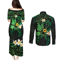 Polynesia Mental Health Awareness Couples Matching Puletasi and Long Sleeve Button Shirt Green Ribbon Be Kind To Your Mind