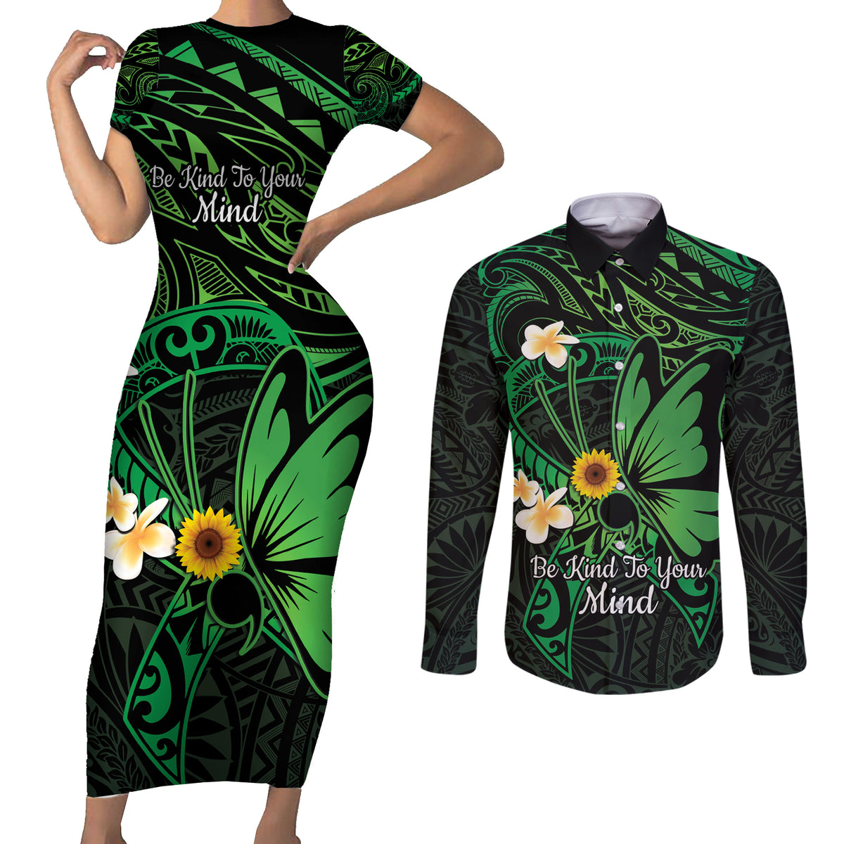 Polynesia Mental Health Awareness Couples Matching Short Sleeve Bodycon Dress and Long Sleeve Button Shirt Green Ribbon Be Kind To Your Mind