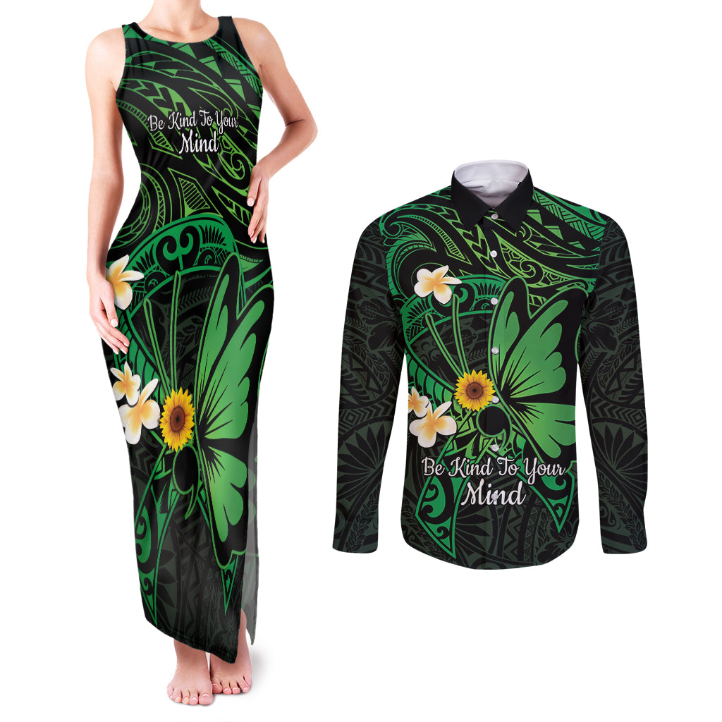 Polynesia Mental Health Awareness Couples Matching Tank Maxi Dress and Long Sleeve Button Shirt Green Ribbon Be Kind To Your Mind