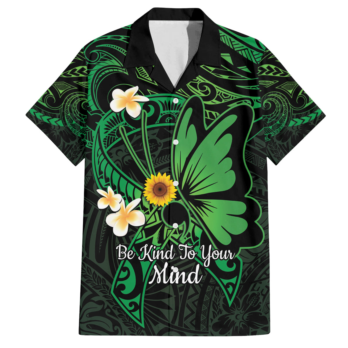 Polynesia Mental Health Awareness Family Matching Off Shoulder Maxi Dress and Hawaiian Shirt Green Ribbon Be Kind To Your Mind