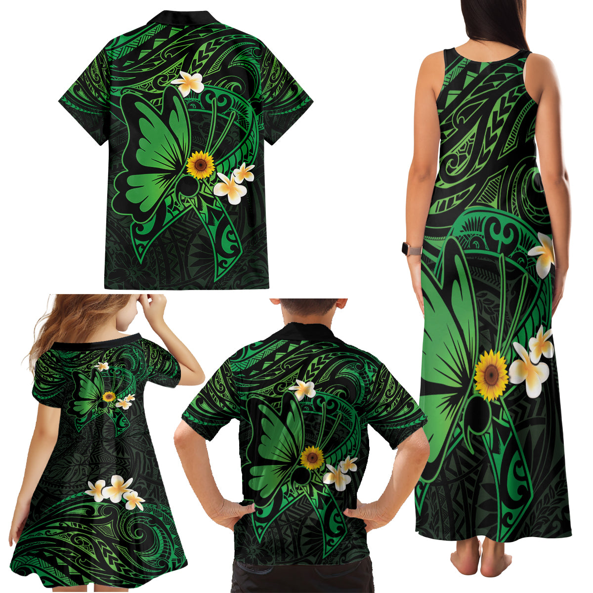 Polynesia Mental Health Awareness Family Matching Tank Maxi Dress and Hawaiian Shirt Green Ribbon Be Kind To Your Mind