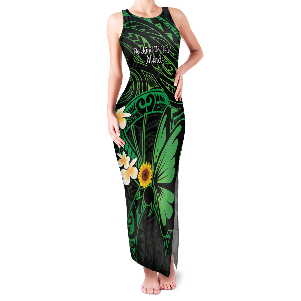 Polynesia Mental Health Awareness Family Matching Tank Maxi Dress and Hawaiian Shirt Green Ribbon Be Kind To Your Mind