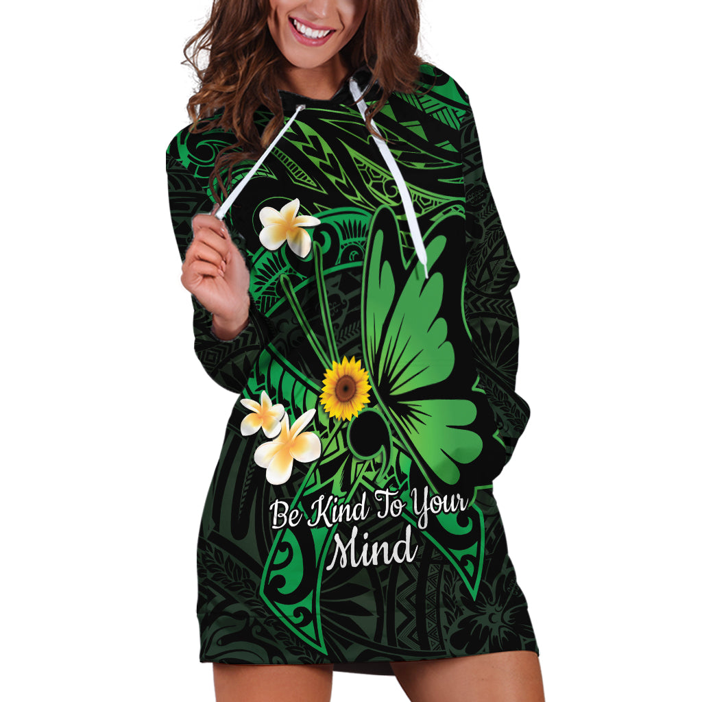 Polynesia Mental Health Awareness Hoodie Dress Green Ribbon Be Kind To Your Mind