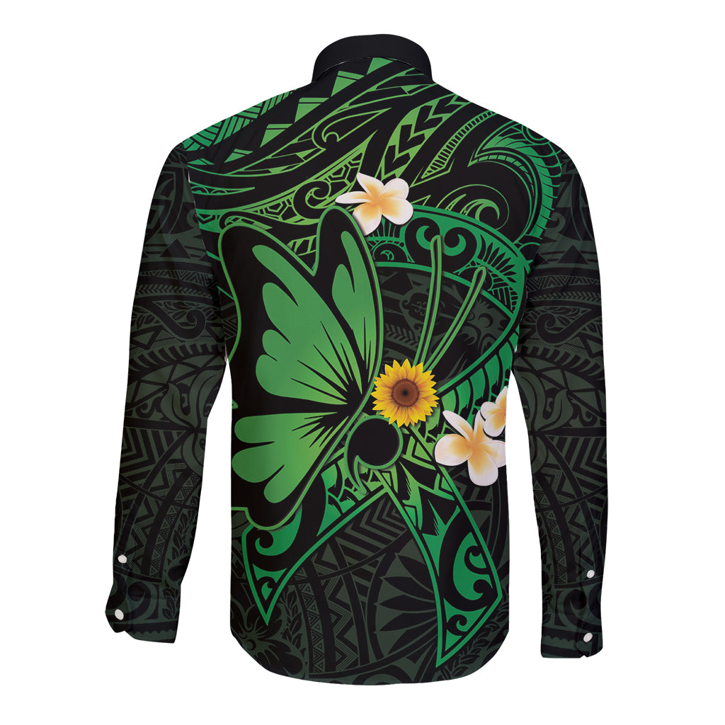 Polynesia Mental Health Awareness Long Sleeve Button Shirt Green Ribbon Be Kind To Your Mind