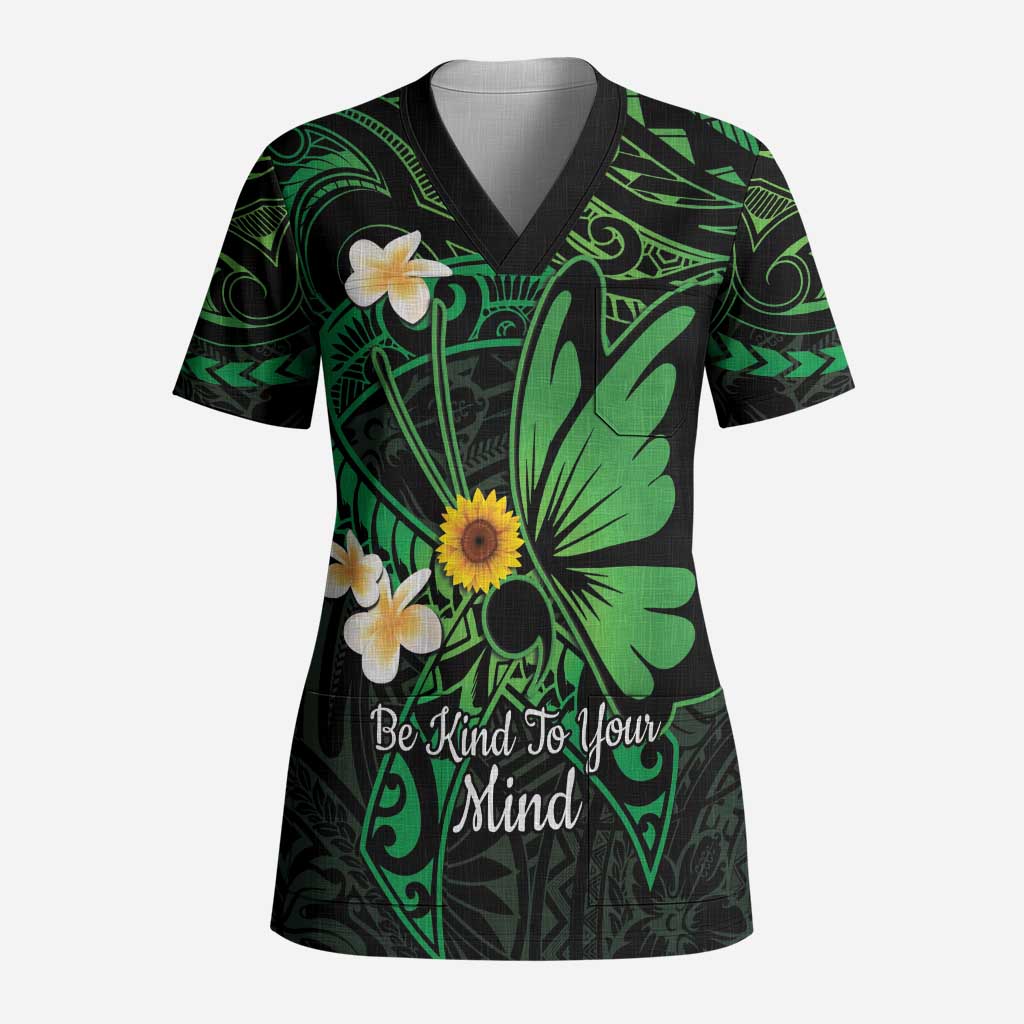 Polynesia Mental Health Awareness Scrub Top Green Ribbon Be Kind To Your Mind - Polynesian Pride
