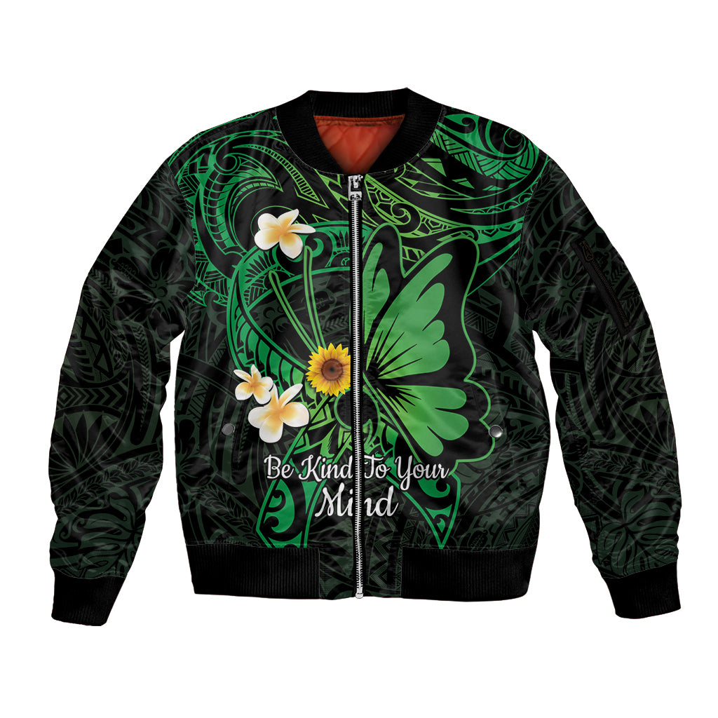 Polynesia Mental Health Awareness Sleeve Zip Bomber Jacket Green Ribbon Be Kind To Your Mind
