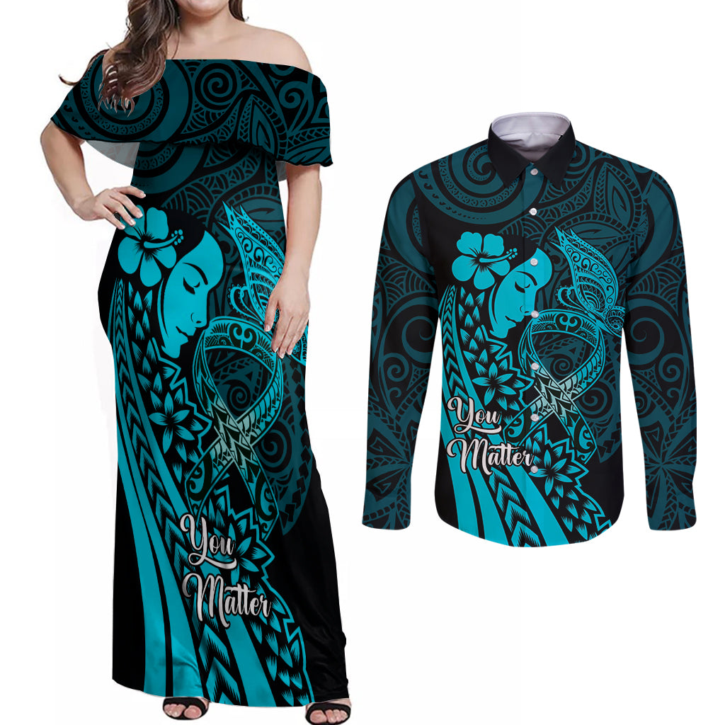 Polynesia World Ovarian Cancer Day Couples Matching Off Shoulder Maxi Dress and Long Sleeve Button Shirt You Matter Polynesian Women LT14 Teal - Polynesian Pride