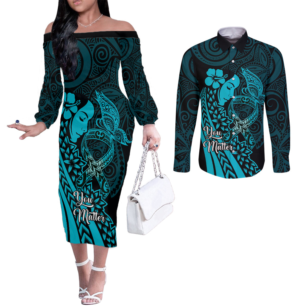 Polynesia World Ovarian Cancer Day Couples Matching Off The Shoulder Long Sleeve Dress and Long Sleeve Button Shirt You Matter Polynesian Women LT14 Teal - Polynesian Pride