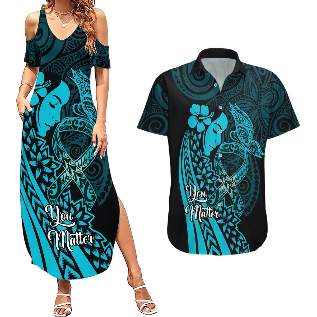 Polynesia World Ovarian Cancer Day Couples Matching Summer Maxi Dress and Hawaiian Shirt You Matter Polynesian Women