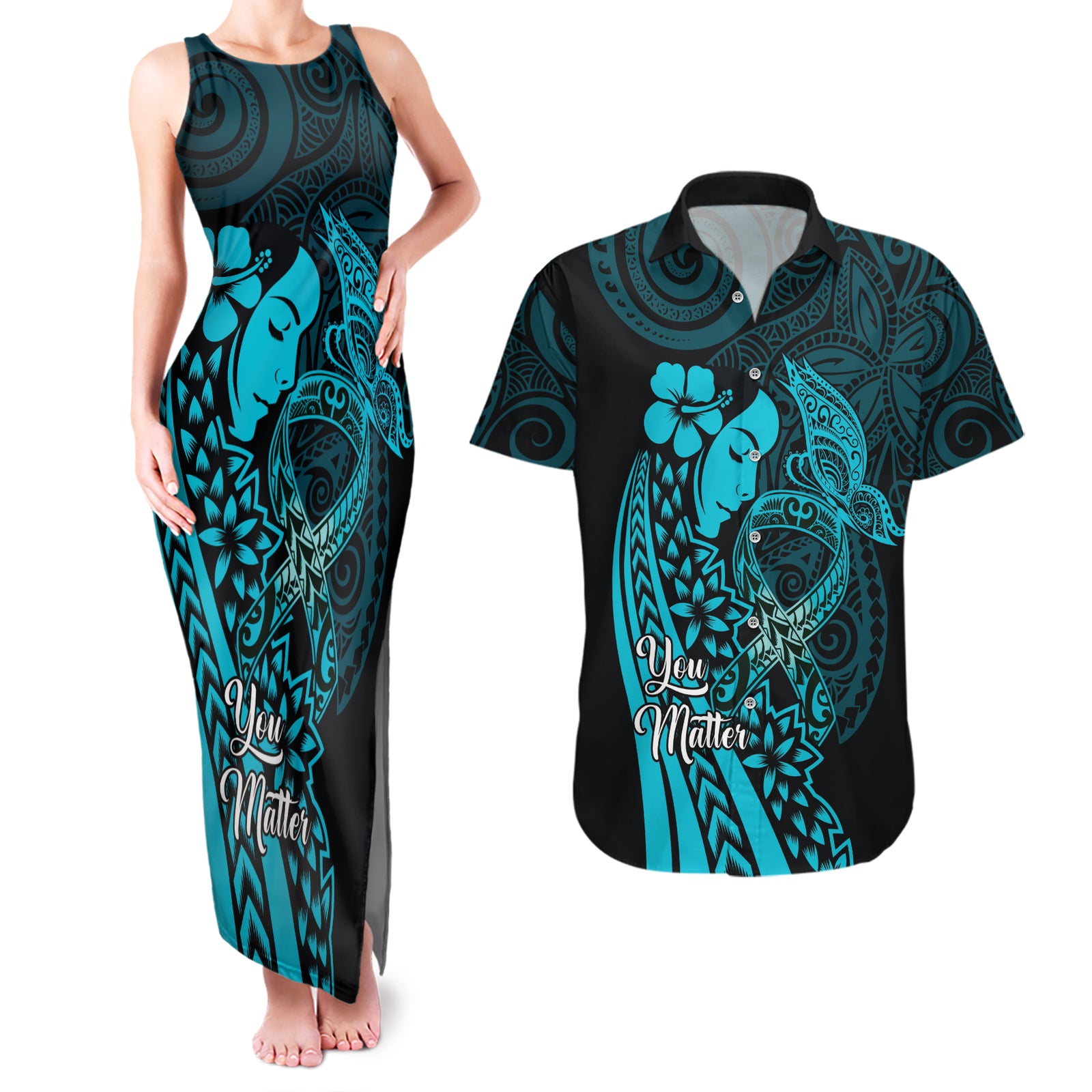 Polynesia World Ovarian Cancer Day Couples Matching Tank Maxi Dress and Hawaiian Shirt You Matter Polynesian Women