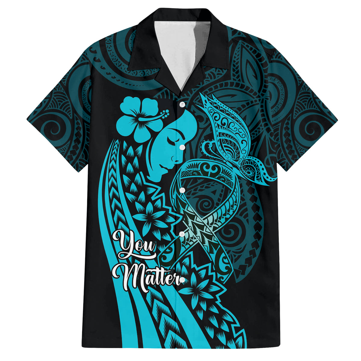 Polynesia World Ovarian Cancer Day Family Matching Off Shoulder Short Dress and Hawaiian Shirt You Matter Polynesian Women LT14 Dad's Shirt - Short Sleeve Teal - Polynesian Pride