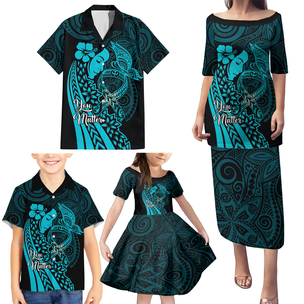 Polynesia World Ovarian Cancer Day Family Matching Puletasi and Hawaiian Shirt You Matter Polynesian Women LT14 - Polynesian Pride