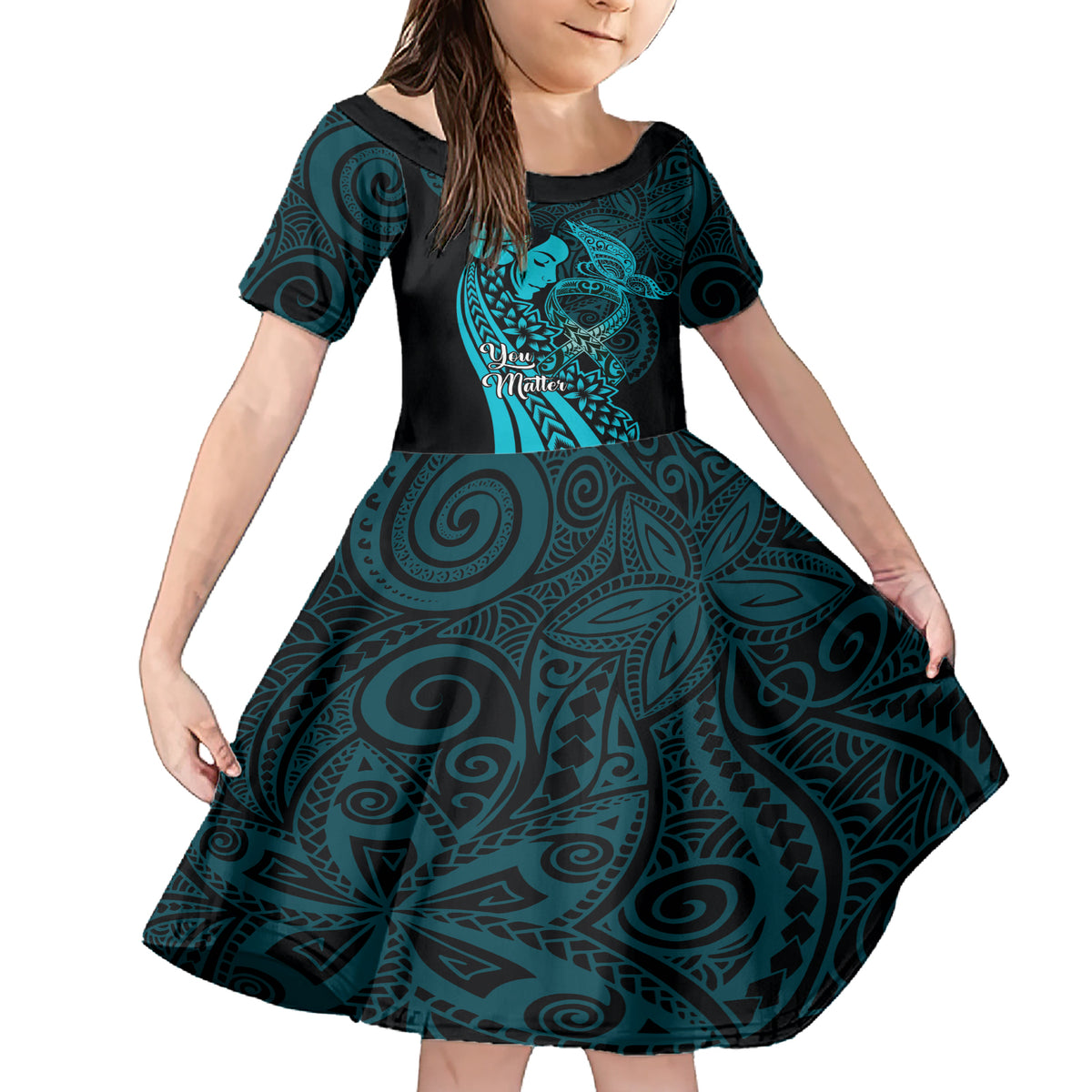 Polynesia World Ovarian Cancer Day Family Matching Short Sleeve Bodycon Dress and Hawaiian Shirt You Matter Polynesian Women LT14 Daughter's Dress Teal - Polynesian Pride