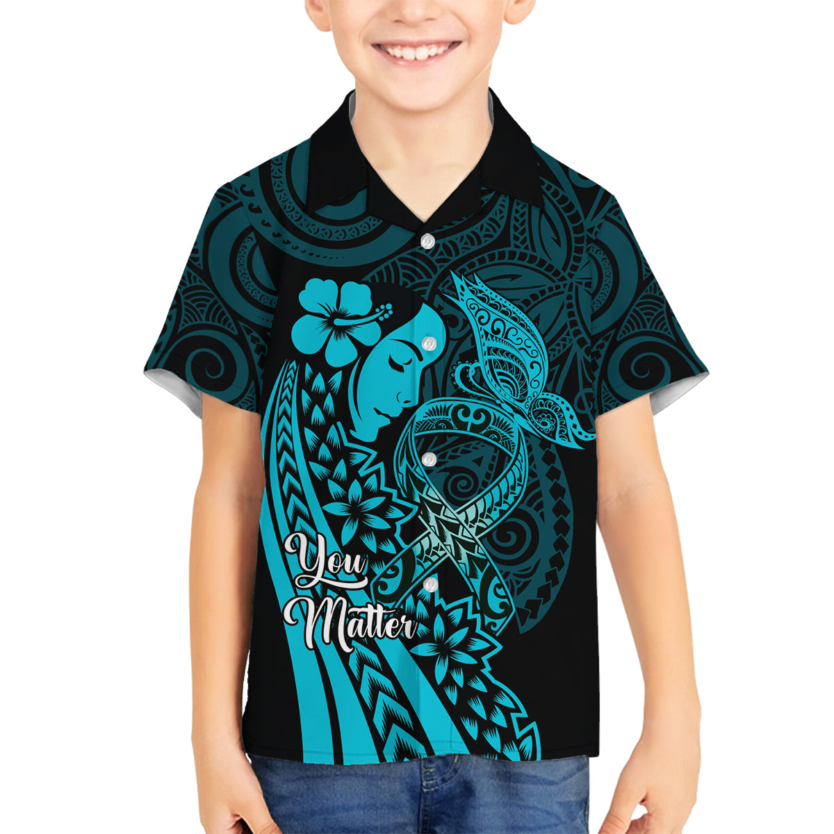 Polynesia World Ovarian Cancer Day Family Matching Summer Maxi Dress and Hawaiian Shirt You Matter Polynesian Women LT14 Son's Shirt Teal - Polynesian Pride