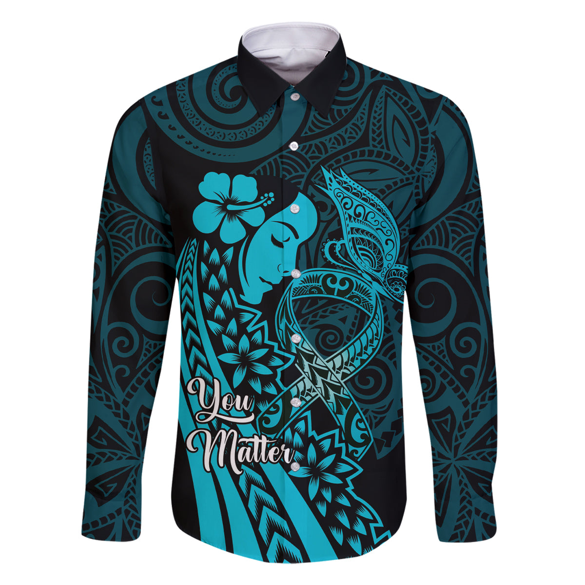 Polynesia World Ovarian Cancer Day Family Matching Tank Maxi Dress and Hawaiian Shirt You Matter Polynesian Women LT14 Dad's Shirt - Long Sleeve Teal - Polynesian Pride