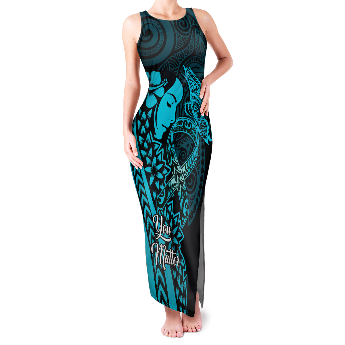 Polynesia World Ovarian Cancer Day Family Matching Tank Maxi Dress and Hawaiian Shirt You Matter Polynesian Women LT14 Mom's Dress Teal - Polynesian Pride