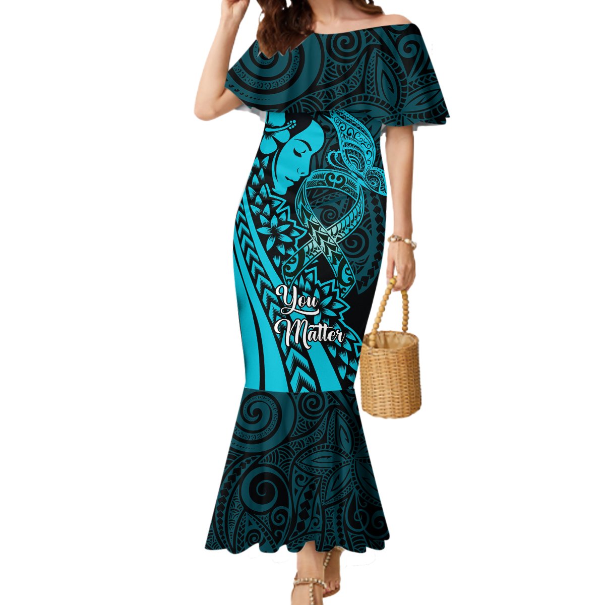 Polynesia World Ovarian Cancer Day Mermaid Dress You Matter Polynesian Women LT14 Women Teal - Polynesian Pride