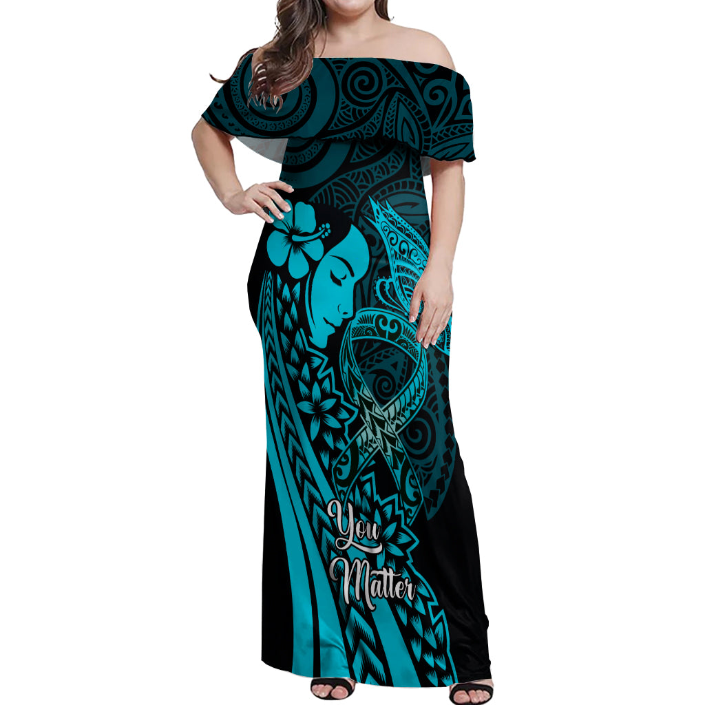 Polynesia World Ovarian Cancer Day Off Shoulder Maxi Dress You Matter Polynesian Women LT14 Women Teal - Polynesian Pride