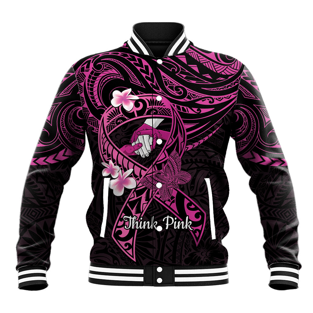 Polynesia Breast Cancer Awareness Baseball Jacket Pink Ribbon No One Fights Alone - Black