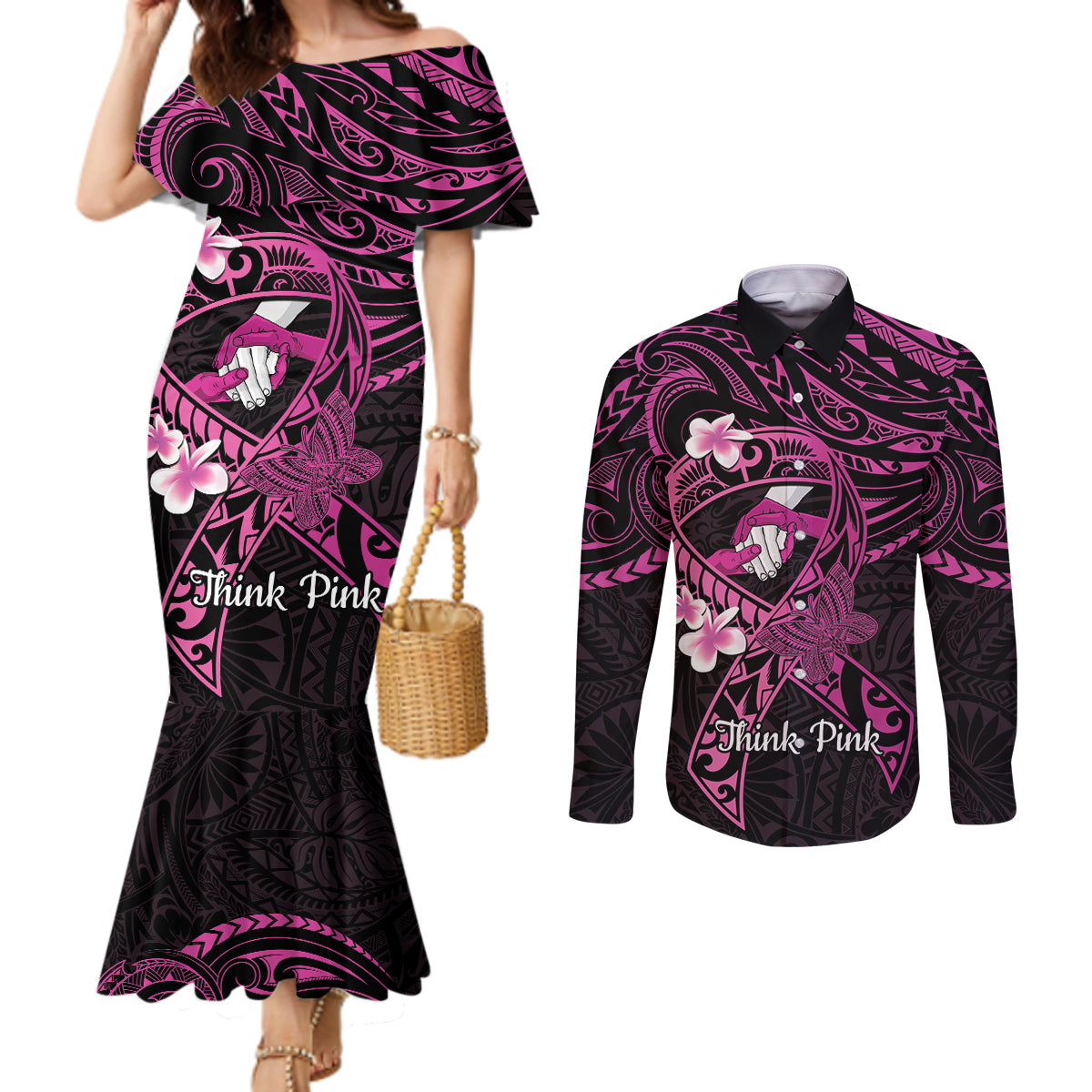 Polynesia Breast Cancer Awareness Couples Matching Mermaid Dress and Long Sleeve Button Shirt Pink Ribbon No One Fights Alone - Black