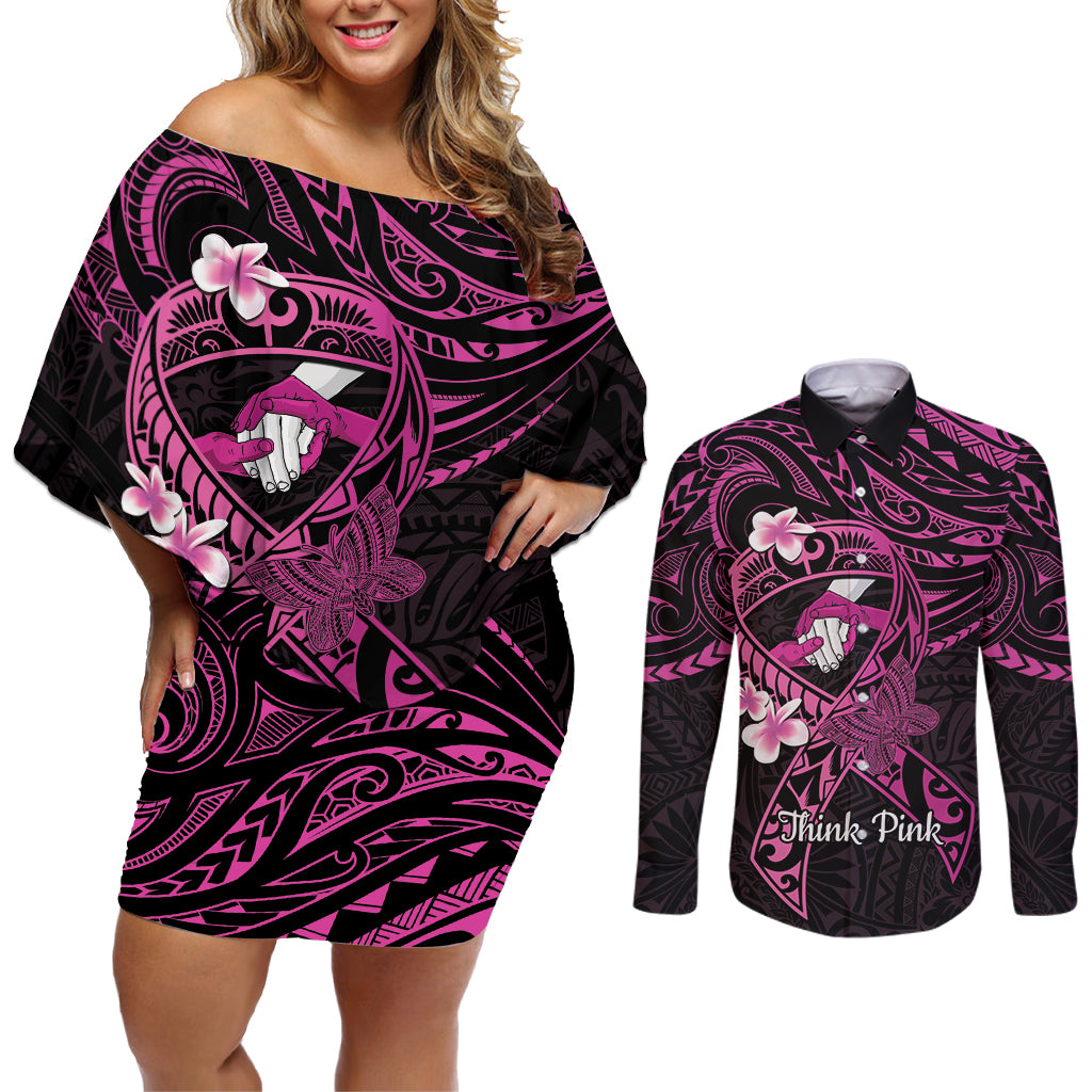 Polynesia Breast Cancer Awareness Couples Matching Off Shoulder Short Dress and Long Sleeve Button Shirt Pink Ribbon No One Fights Alone - Black