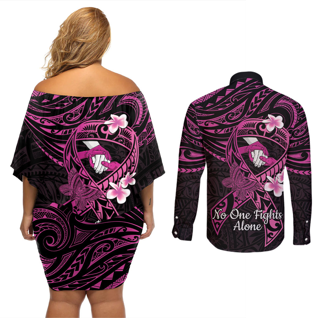 Polynesia Breast Cancer Awareness Couples Matching Off Shoulder Short Dress and Long Sleeve Button Shirt Pink Ribbon No One Fights Alone - Black