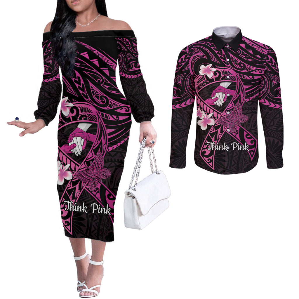 Polynesia Breast Cancer Awareness Couples Matching Off The Shoulder Long Sleeve Dress and Long Sleeve Button Shirt Pink Ribbon No One Fights Alone - Black