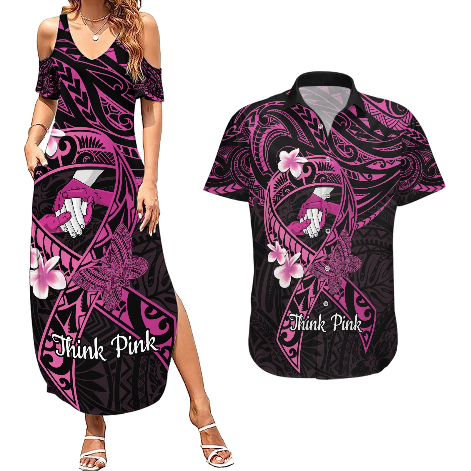 Polynesia Breast Cancer Awareness Couples Matching Summer Maxi Dress and Hawaiian Shirt Pink Ribbon No One Fights Alone - Black