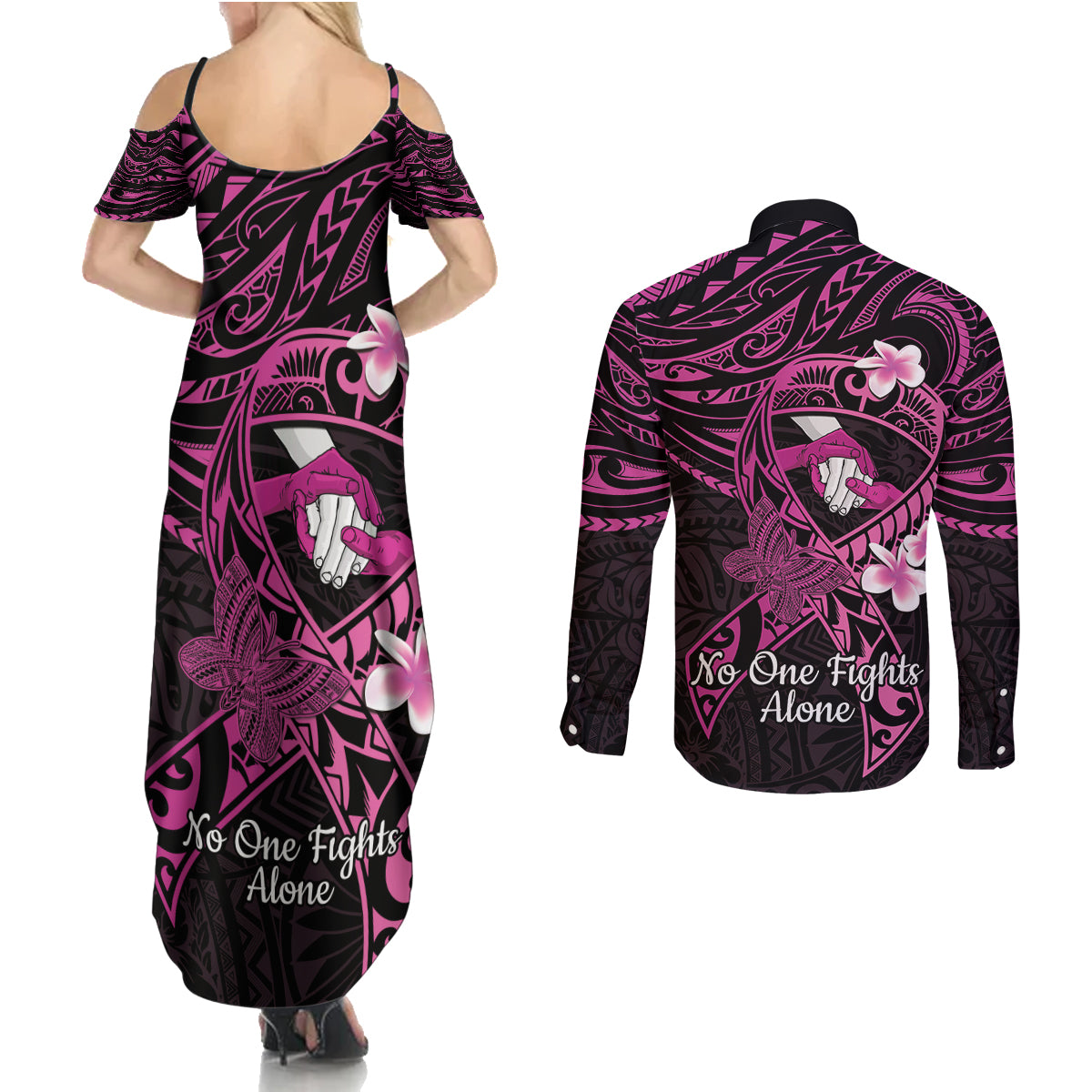 Polynesia Breast Cancer Awareness Couples Matching Summer Maxi Dress and Long Sleeve Button Shirt Pink Ribbon No One Fights Alone - Black