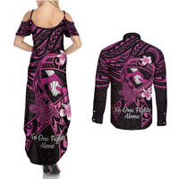Polynesia Breast Cancer Awareness Couples Matching Summer Maxi Dress and Long Sleeve Button Shirt Pink Ribbon No One Fights Alone - Black