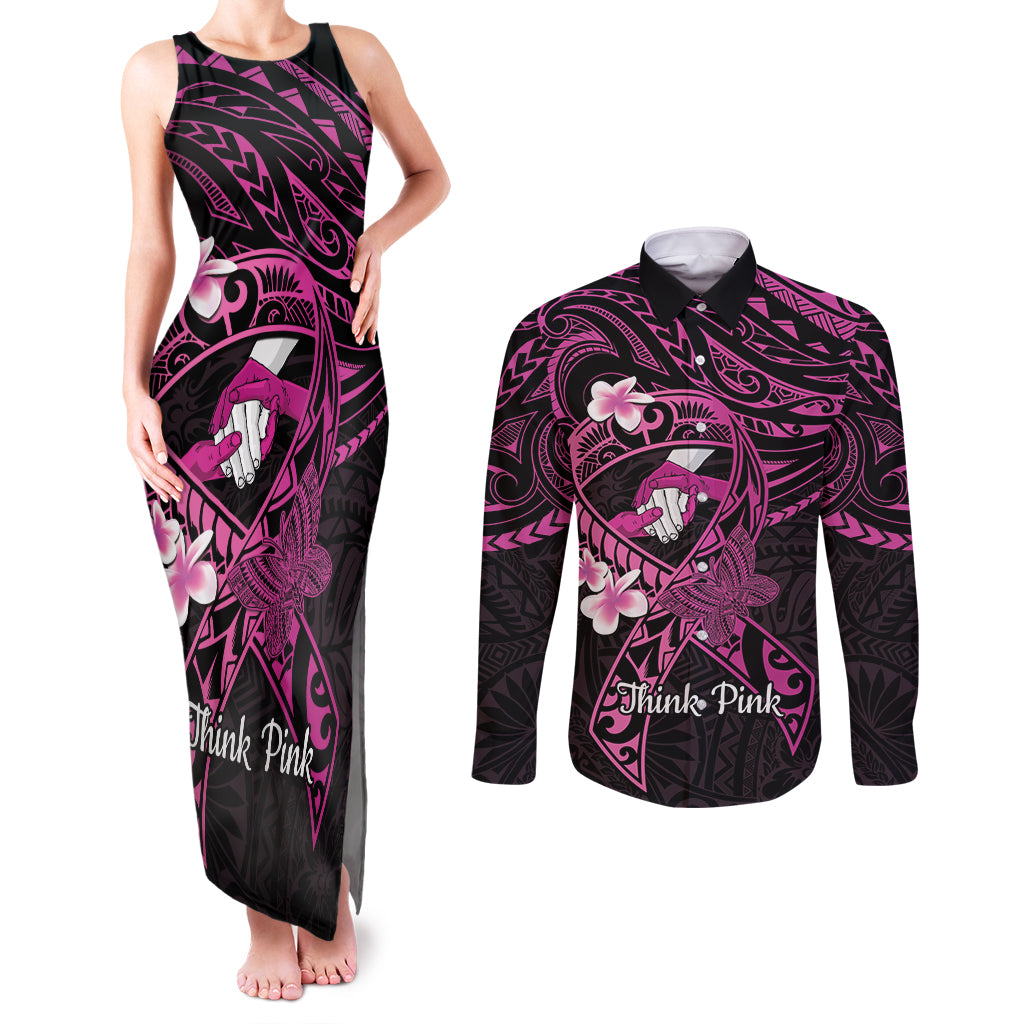 Polynesia Breast Cancer Awareness Couples Matching Tank Maxi Dress and Long Sleeve Button Shirt Pink Ribbon No One Fights Alone - Black