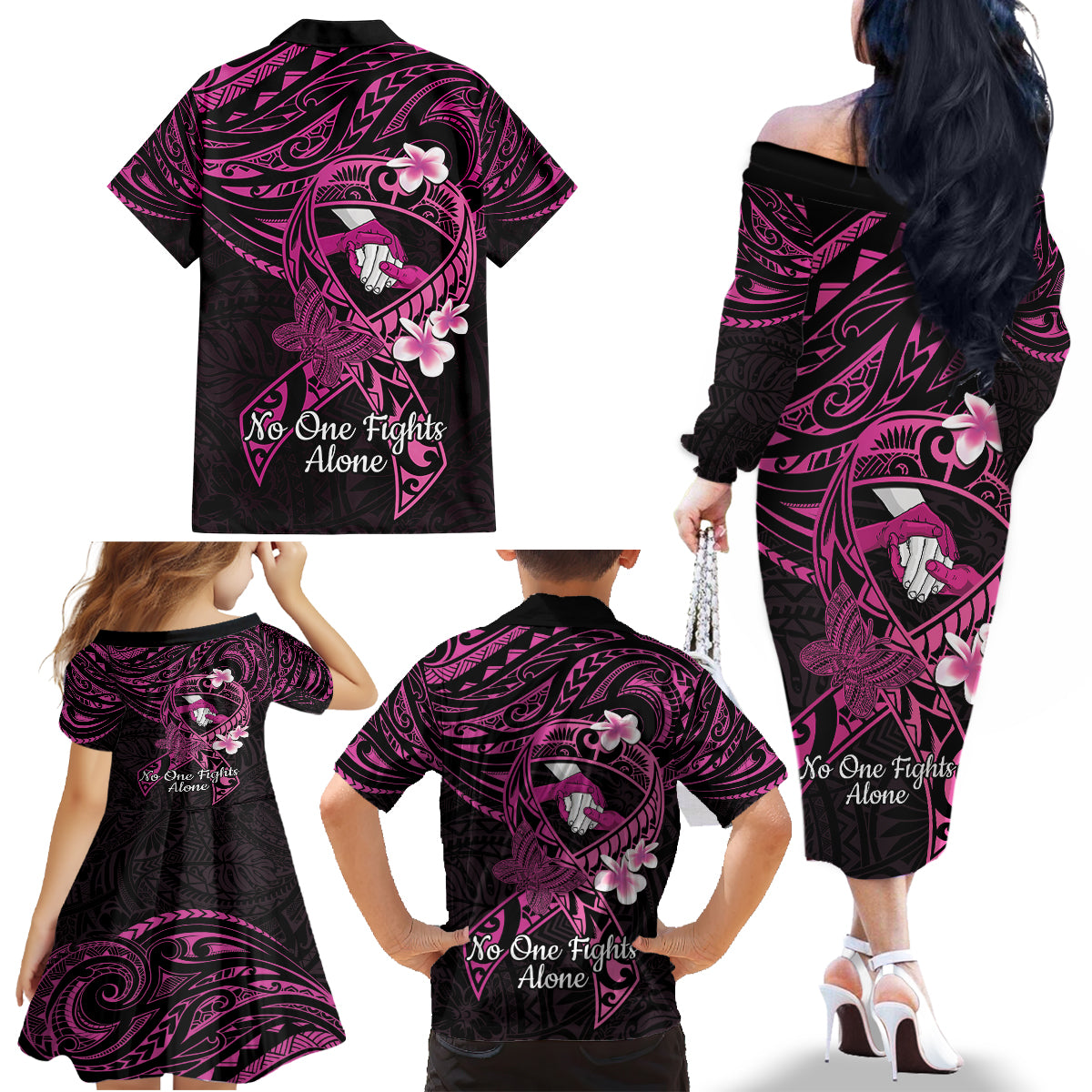 Polynesia Breast Cancer Awareness Family Matching Off The Shoulder Long Sleeve Dress and Hawaiian Shirt Pink Ribbon No One Fights Alone - Black