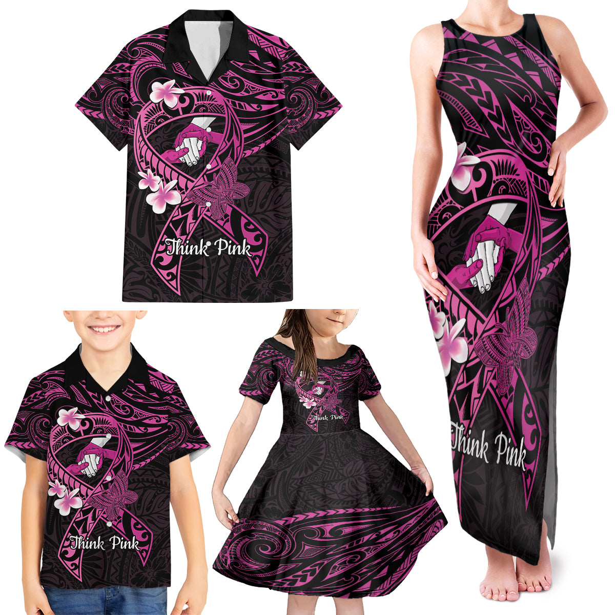 Polynesia Breast Cancer Awareness Family Matching Tank Maxi Dress and Hawaiian Shirt Pink Ribbon No One Fights Alone - Black