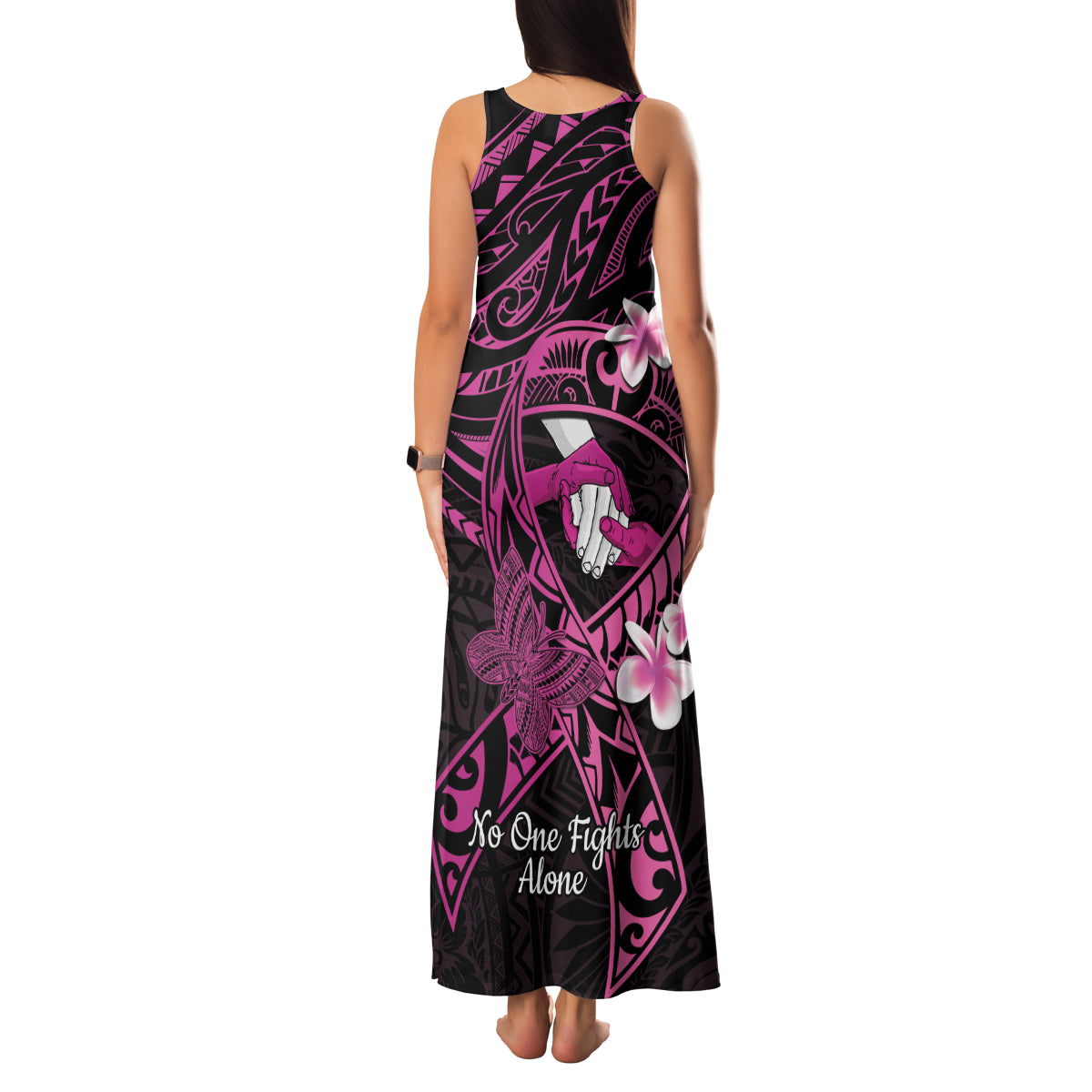 Polynesia Breast Cancer Awareness Family Matching Tank Maxi Dress and Hawaiian Shirt Pink Ribbon No One Fights Alone - Black