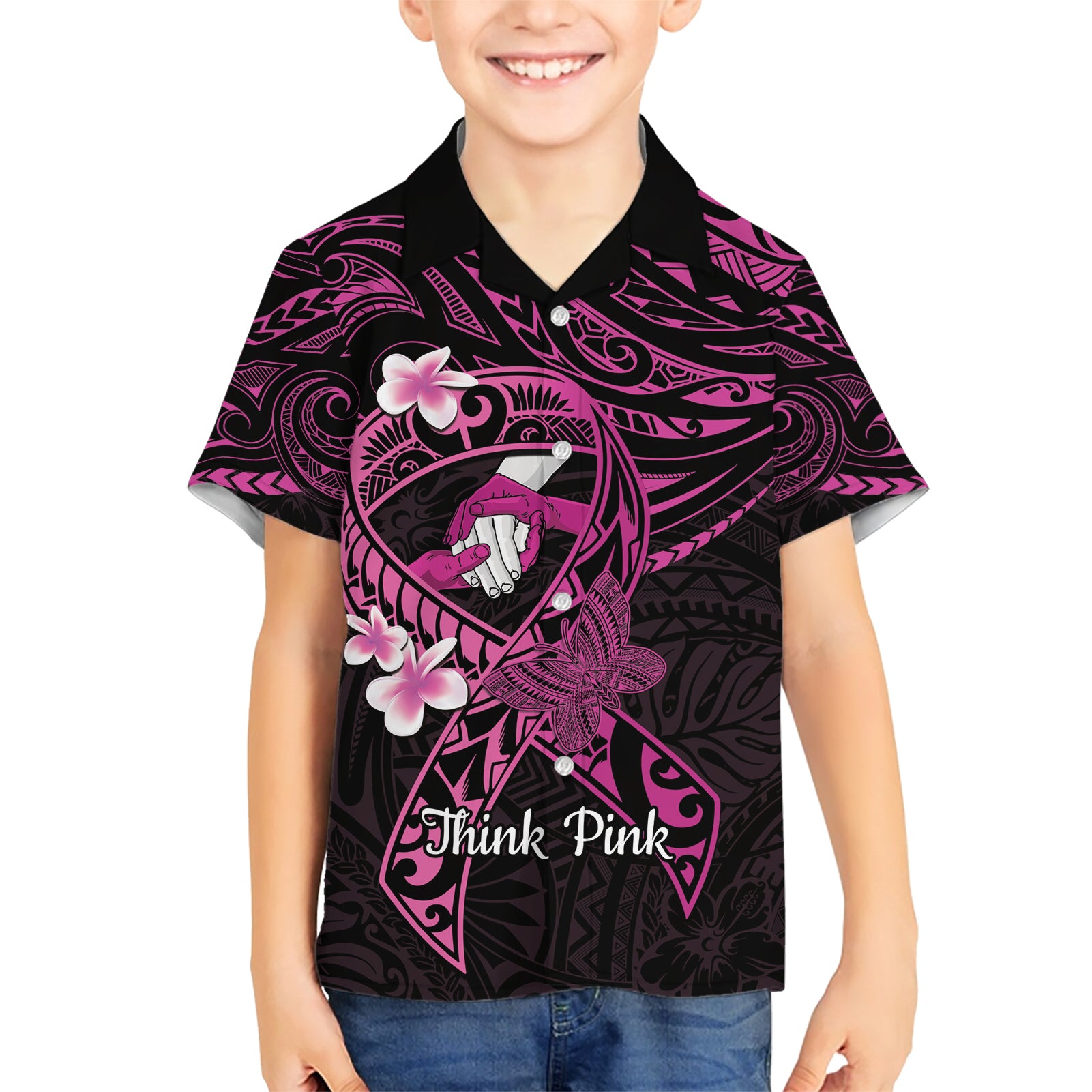 Polynesia Breast Cancer Awareness Kid Hawaiian Shirt Pink Ribbon No One Fights Alone - Black