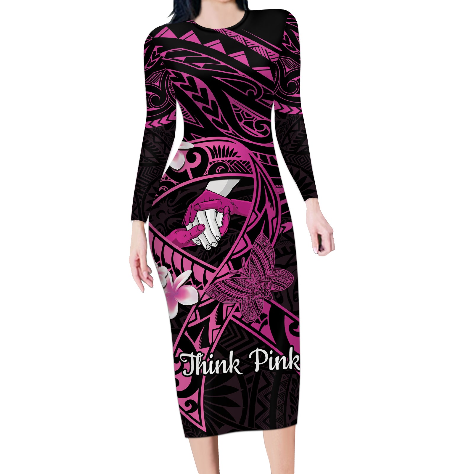 Polynesia Breast Cancer Awareness Long Sleeve Bodycon Dress Pink Ribbon No One Fights Alone - Black