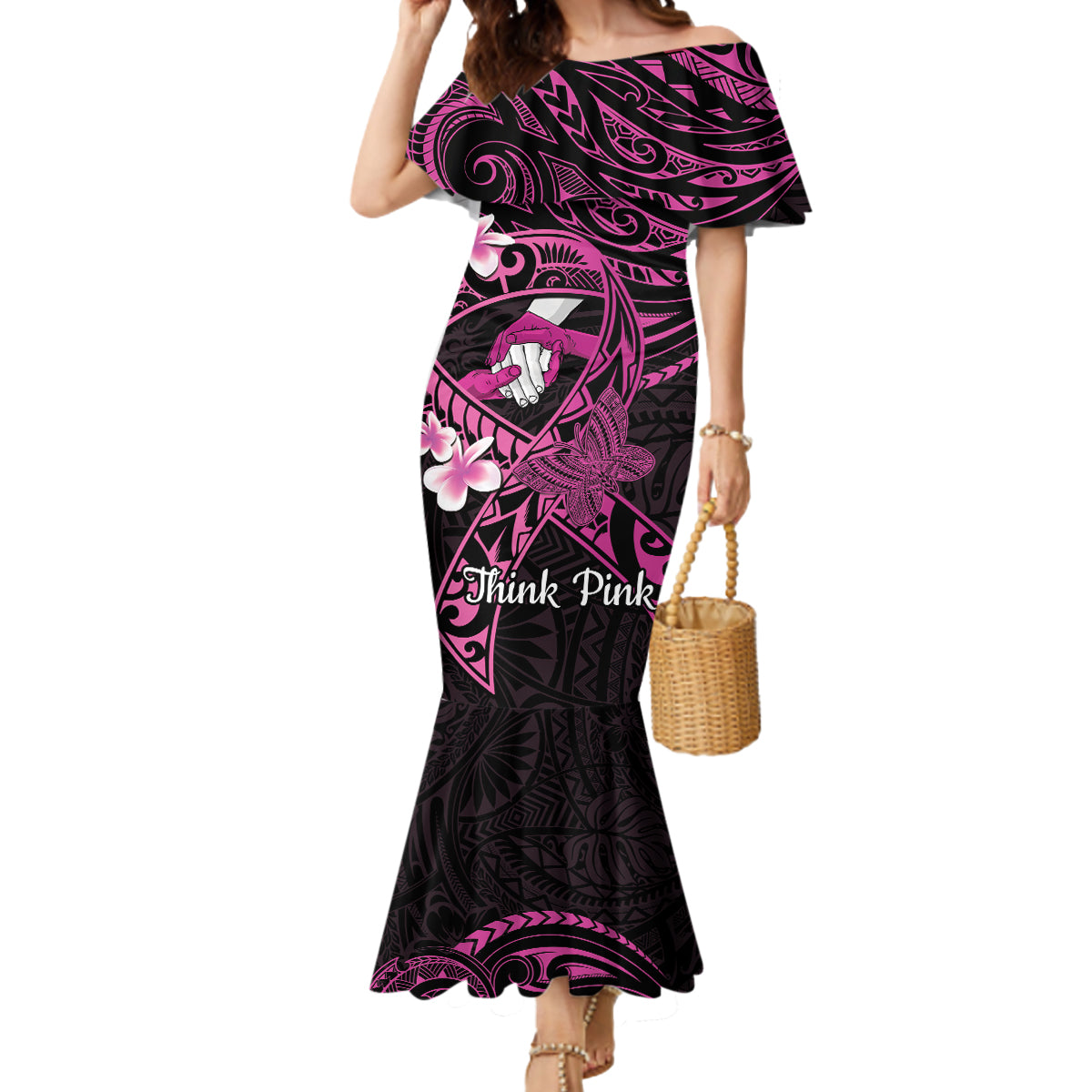 Polynesia Breast Cancer Awareness Mermaid Dress Pink Ribbon No One Fights Alone - Black