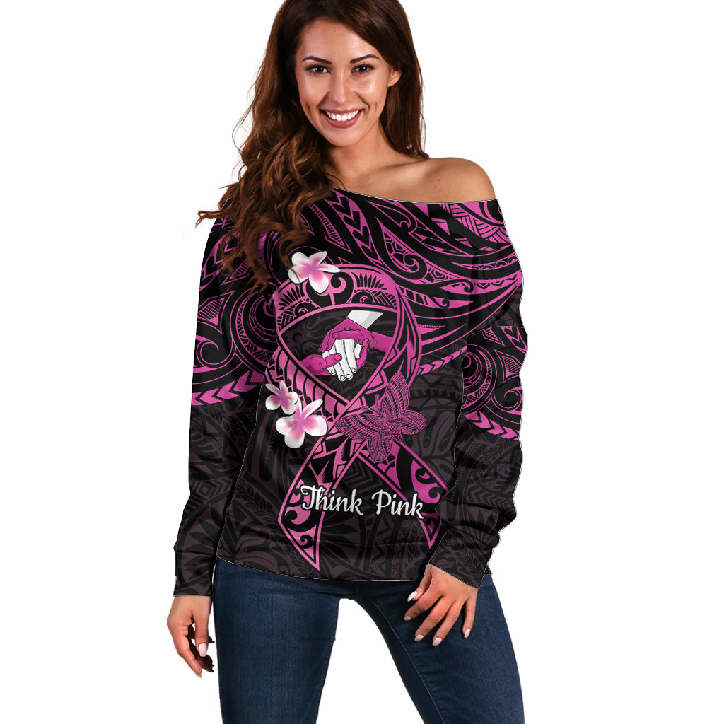 Polynesia Breast Cancer Awareness Off Shoulder Sweater Pink Ribbon No One Fights Alone - Black