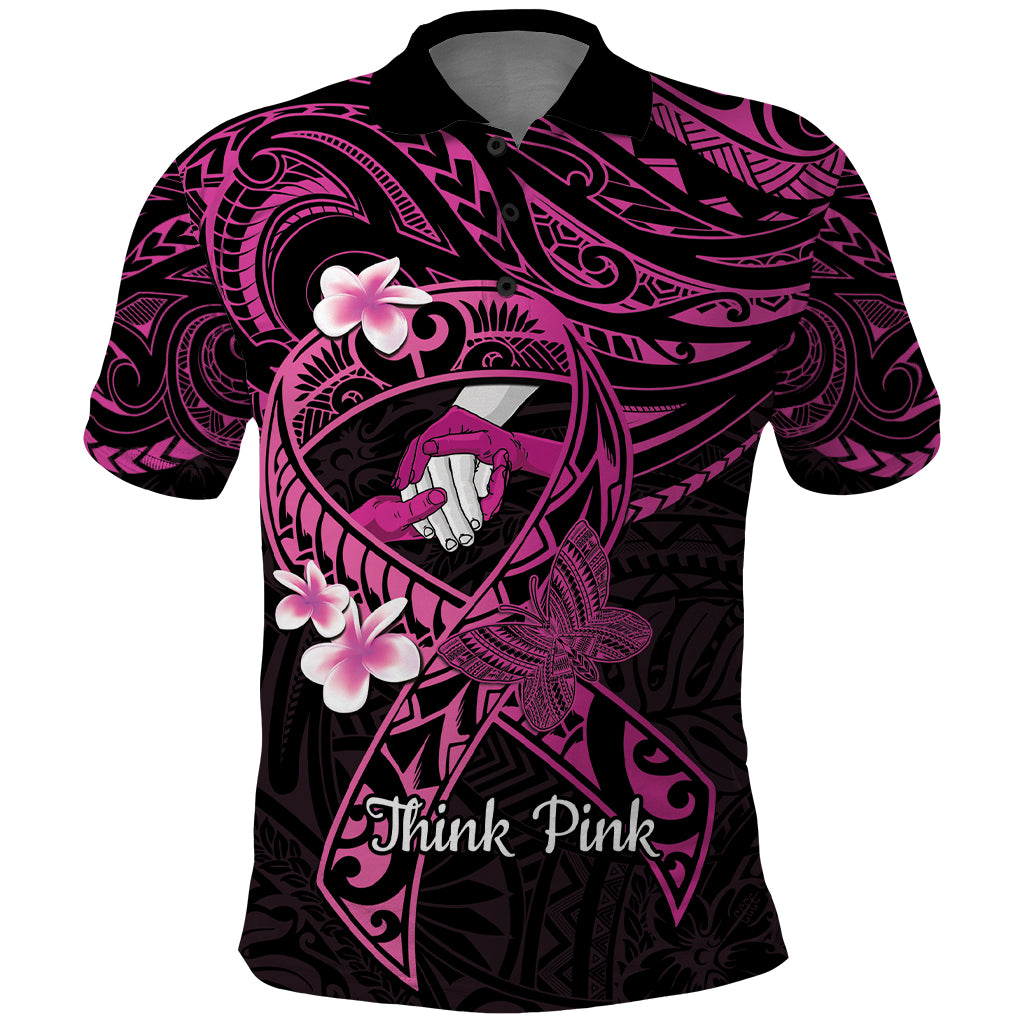 Polynesia Breast Cancer Awareness Polo Shirt Pink Ribbon No One Fights Alone - Black