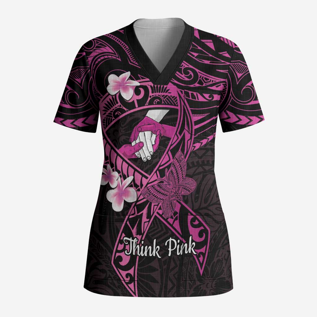 Polynesia Breast Cancer Awareness Scrub Top Pink Ribbon No One Fights Alone - Black - Polynesian Pride