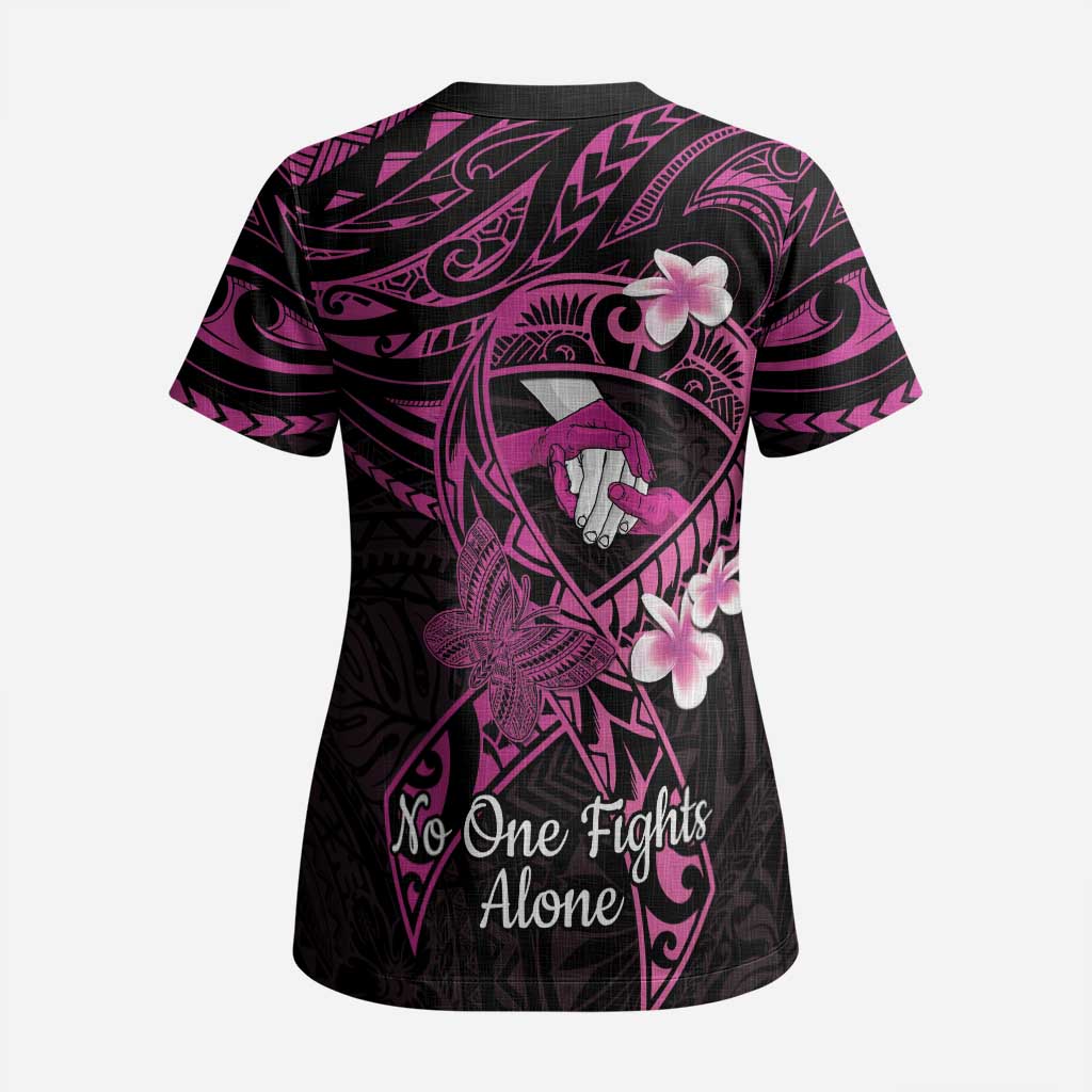 Polynesia Breast Cancer Awareness Scrub Top Pink Ribbon No One Fights Alone - Black - Polynesian Pride