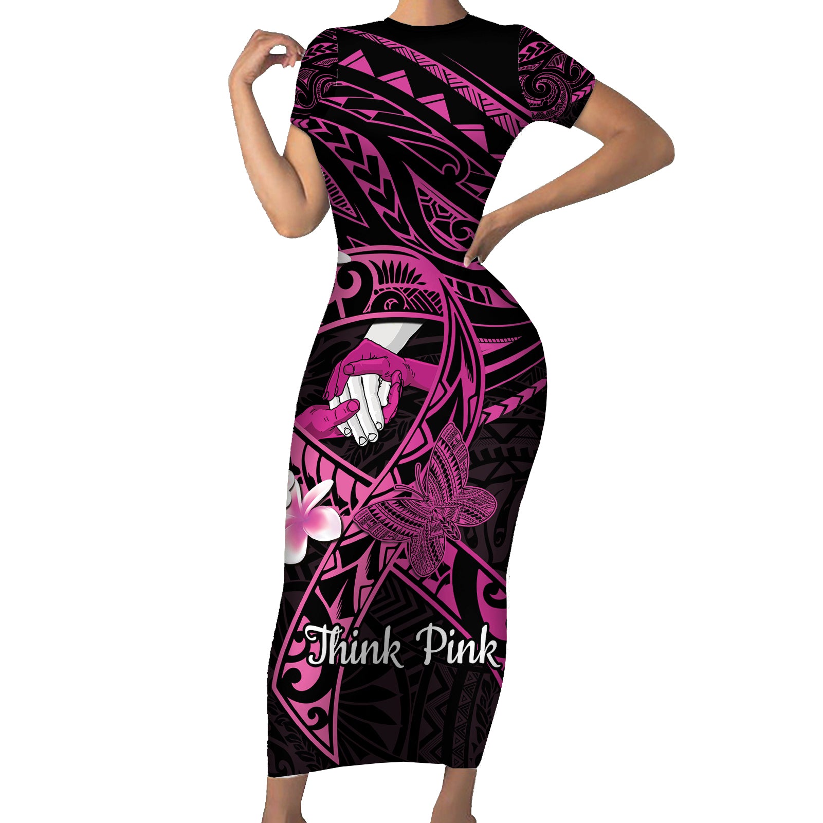 Polynesia Breast Cancer Awareness Short Sleeve Bodycon Dress Pink Ribbon No One Fights Alone - Black