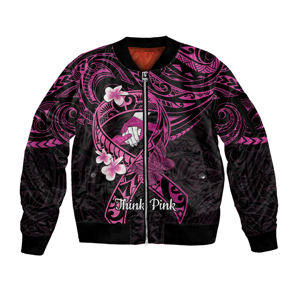 Polynesia Breast Cancer Awareness Sleeve Zip Bomber Jacket Pink Ribbon No One Fights Alone - Black