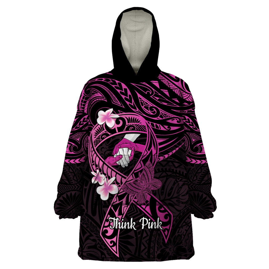 Polynesia Breast Cancer Awareness Wearable Blanket Hoodie Pink Ribbon No One Fights Alone - Black