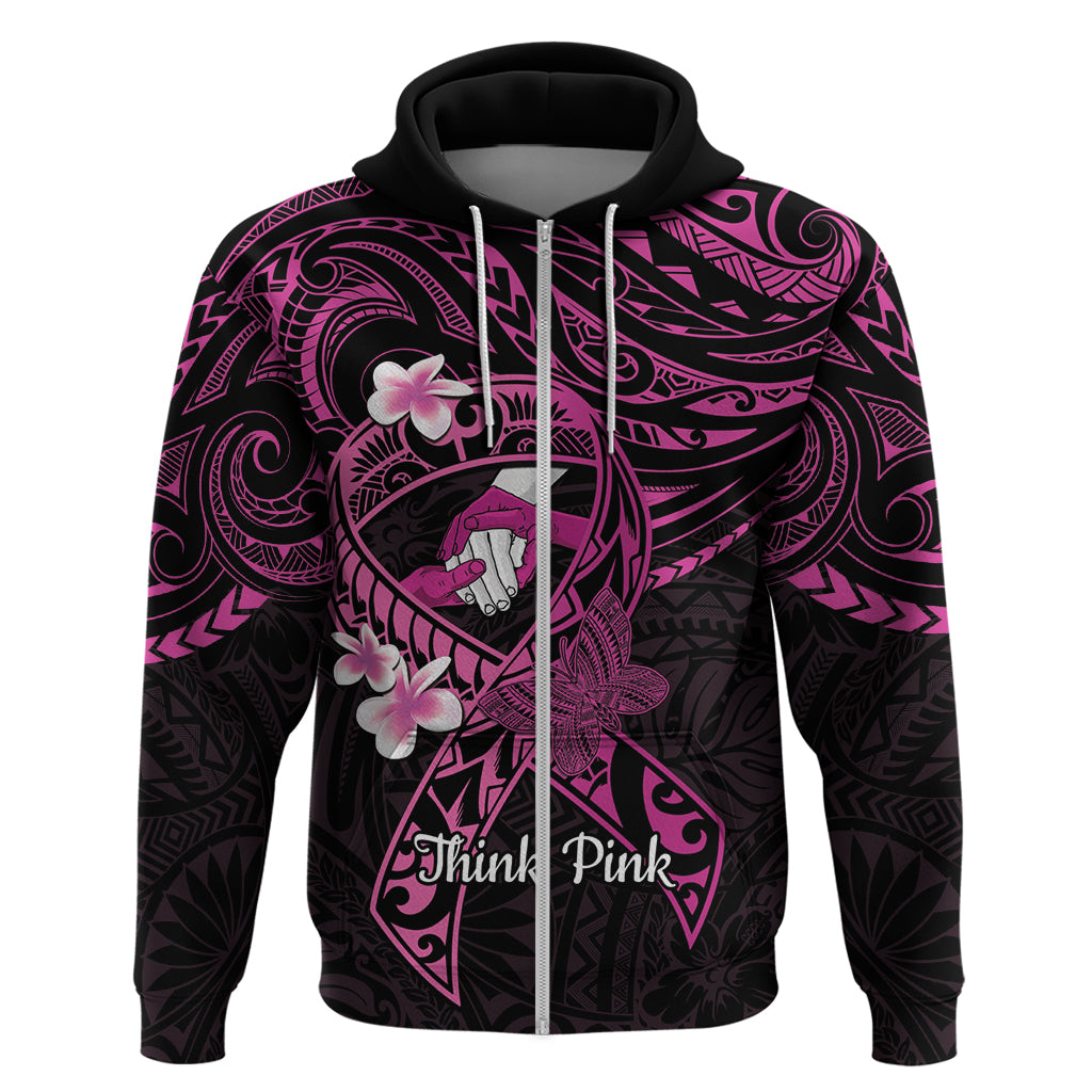 Polynesia Breast Cancer Awareness Zip Hoodie Pink Ribbon No One Fights Alone - Black