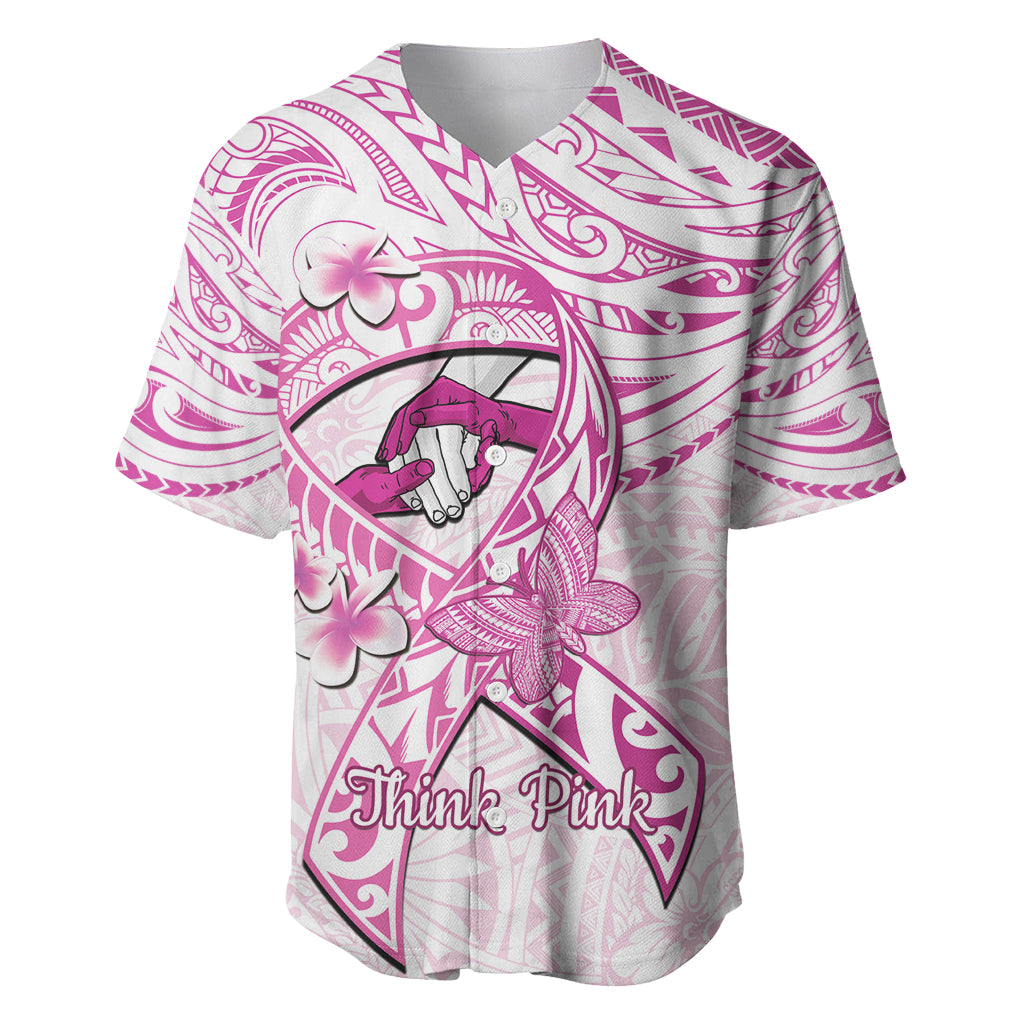 Polynesia Breast Cancer Awareness Baseball Jersey Pink Ribbon No One Fights Alone - White