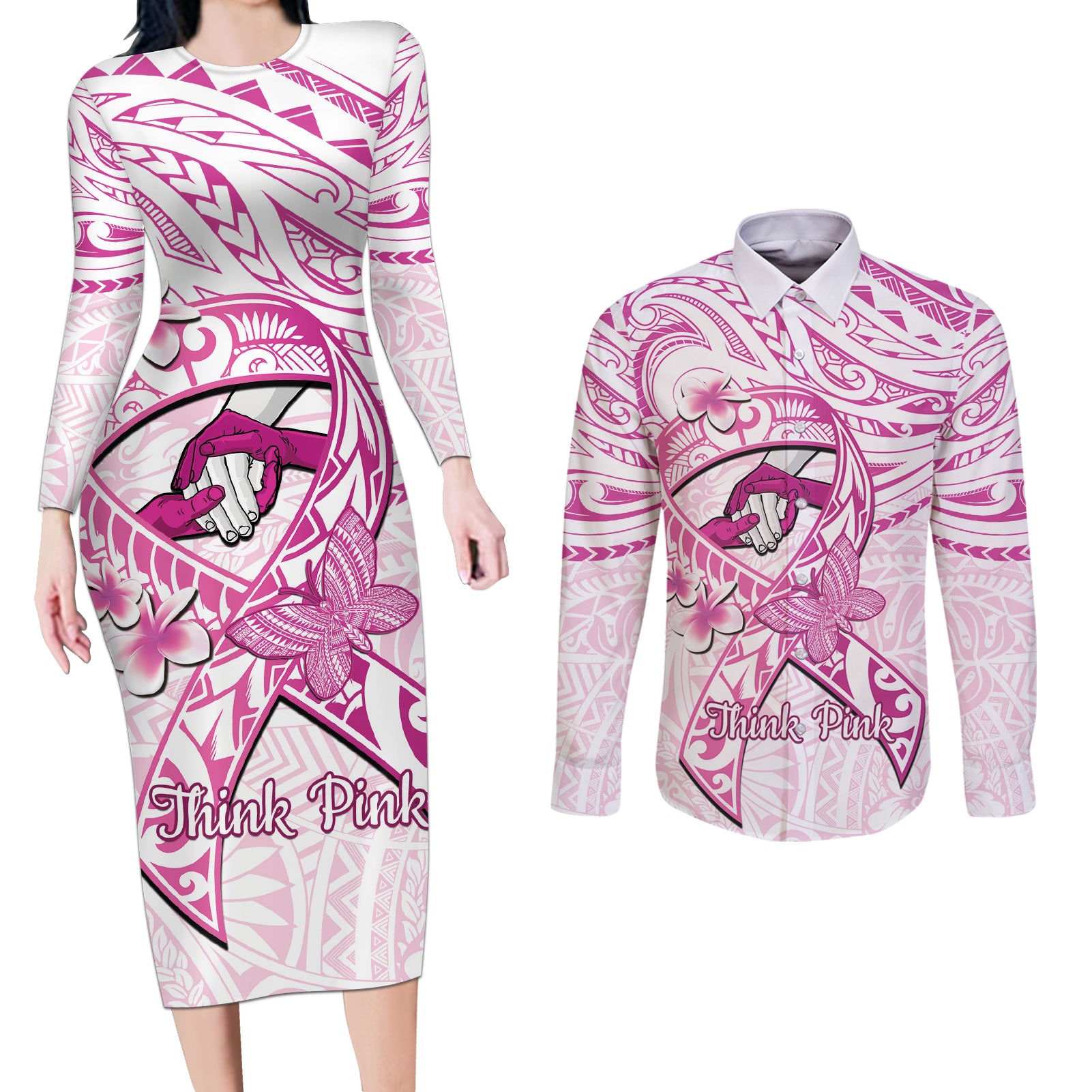 Polynesia Breast Cancer Awareness Couples Matching Long Sleeve Bodycon Dress and Long Sleeve Button Shirt Pink Ribbon No One Fights Alone - White