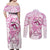 Polynesia Breast Cancer Awareness Couples Matching Off Shoulder Maxi Dress and Long Sleeve Button Shirt Pink Ribbon No One Fights Alone - White